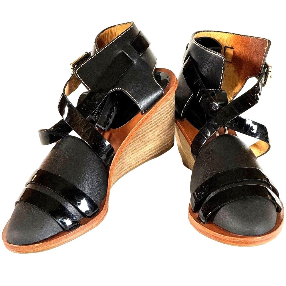 Coach Black Leather & Patent Wedge Slingback Sandals Ankle Strap 3" Heel Women's